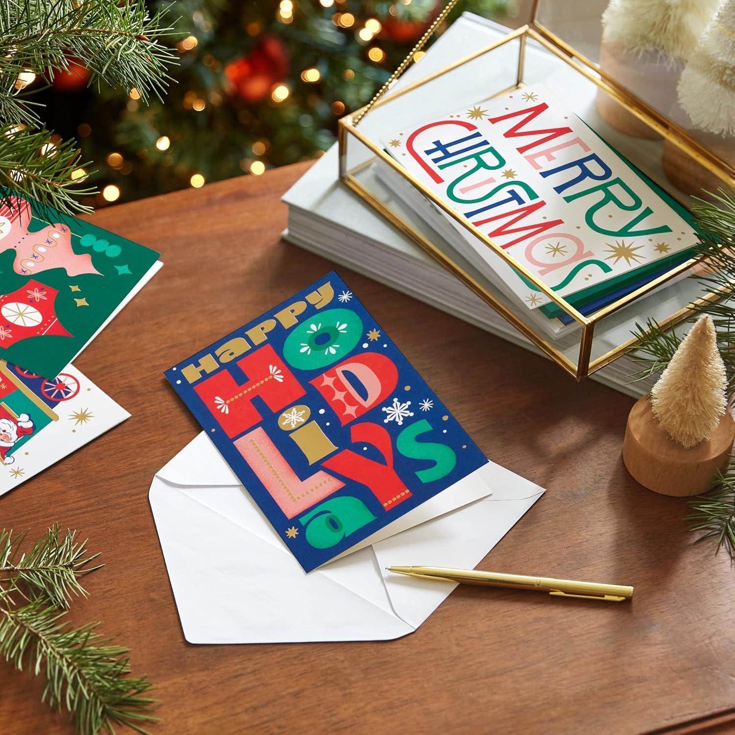 imageHallmark Bulk Retro Christmas Card Assortment 40 Cards and 40 Envelopes Pink and Green Ornaments Mod Lettering Vintage Santa ClausRetro Christmas