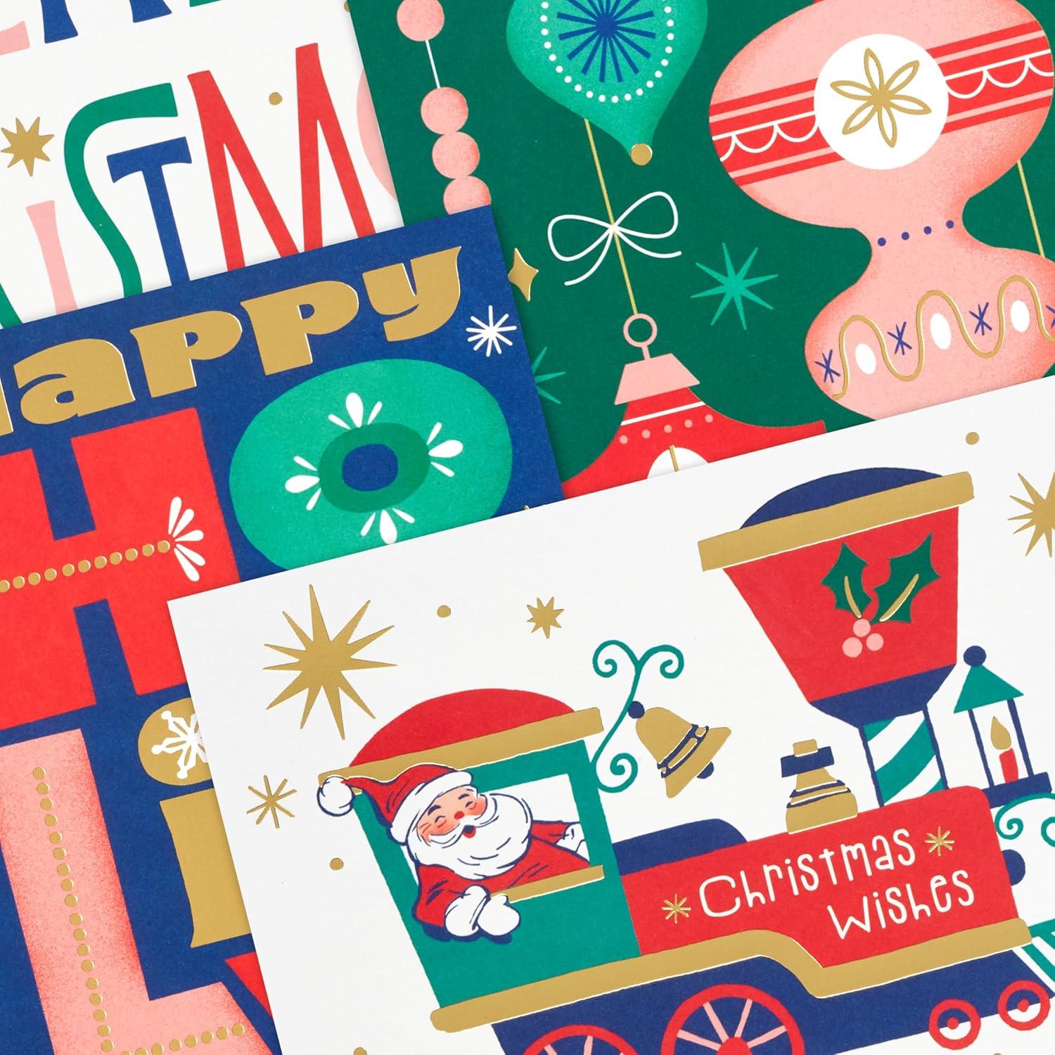 imageHallmark Bulk Retro Christmas Card Assortment 40 Cards and 40 Envelopes Pink and Green Ornaments Mod Lettering Vintage Santa ClausRetro Christmas