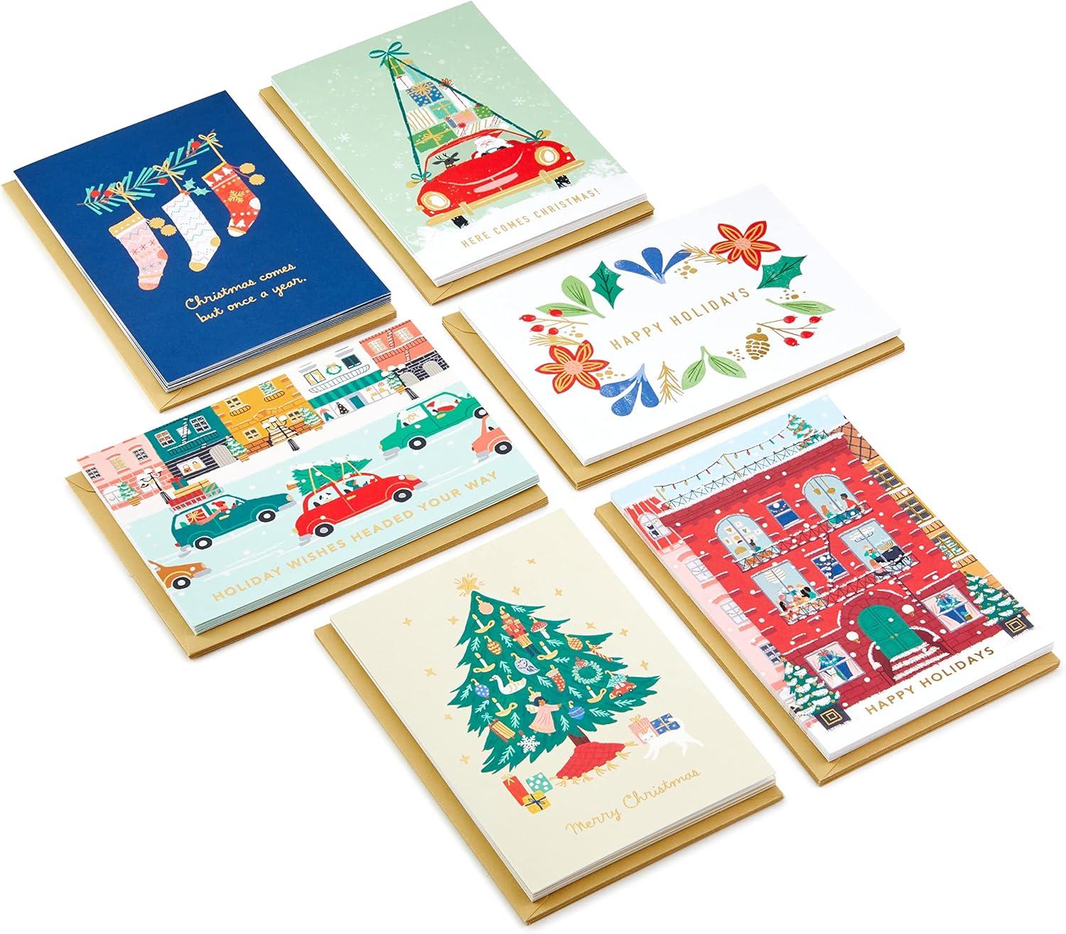 imageHallmark Bulk Retro Christmas Card Assortment 40 Cards and 40 Envelopes Pink and Green Ornaments Mod Lettering Vintage Santa ClausVintage Holidays