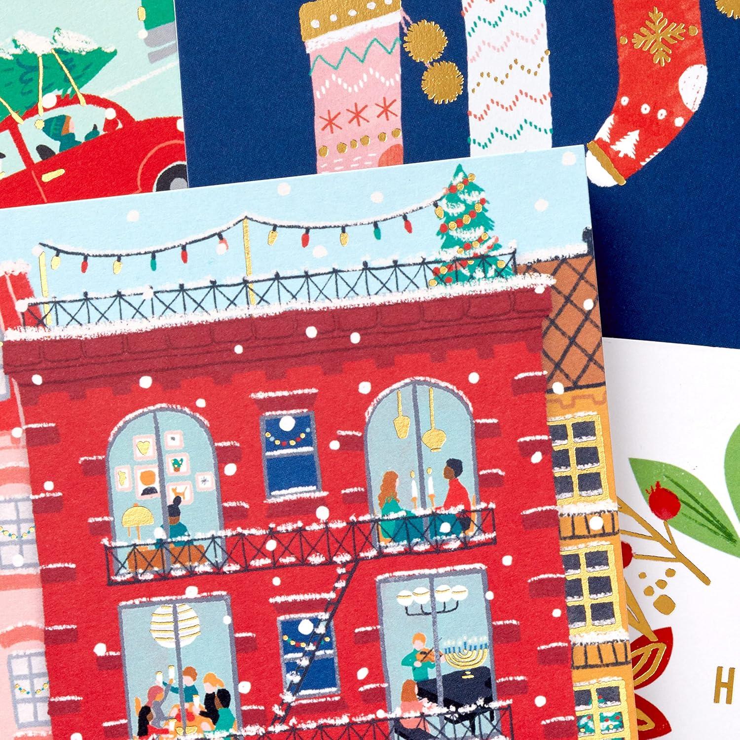 imageHallmark Bulk Retro Christmas Card Assortment 40 Cards and 40 Envelopes Pink and Green Ornaments Mod Lettering Vintage Santa ClausVintage Holidays