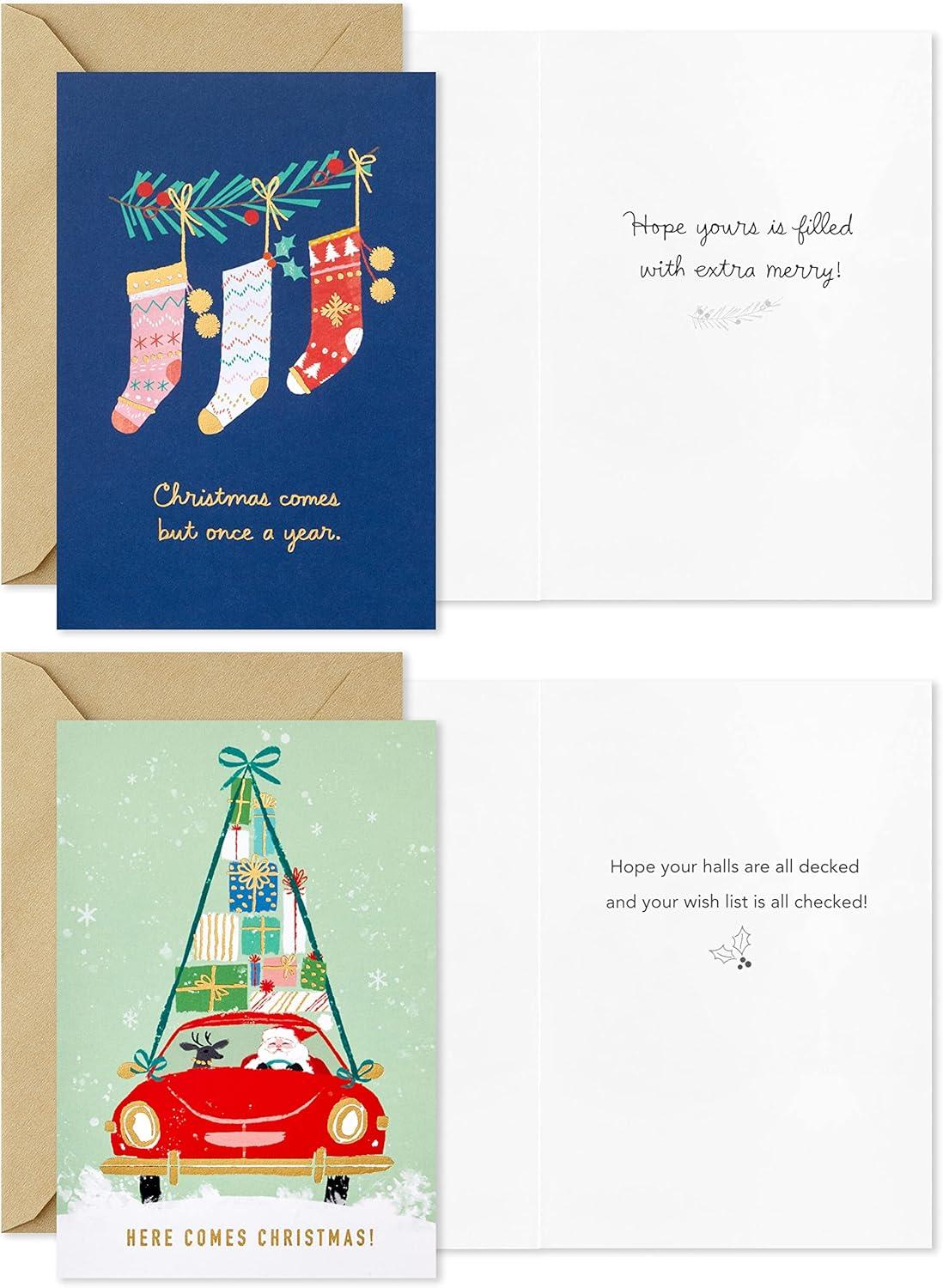 imageHallmark Bulk Retro Christmas Card Assortment 40 Cards and 40 Envelopes Pink and Green Ornaments Mod Lettering Vintage Santa ClausVintage Holidays