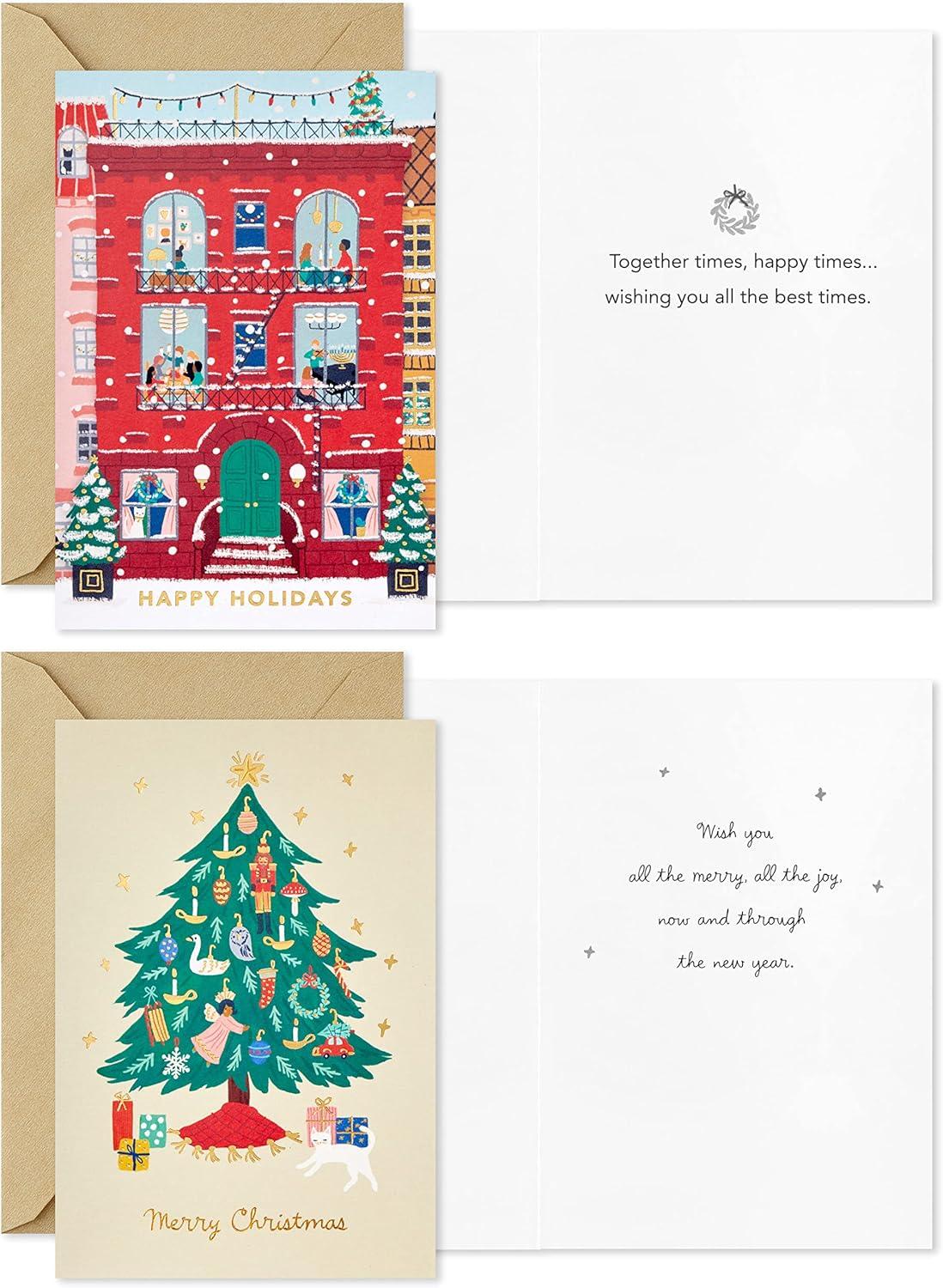 imageHallmark Bulk Retro Christmas Card Assortment 40 Cards and 40 Envelopes Pink and Green Ornaments Mod Lettering Vintage Santa ClausVintage Holidays