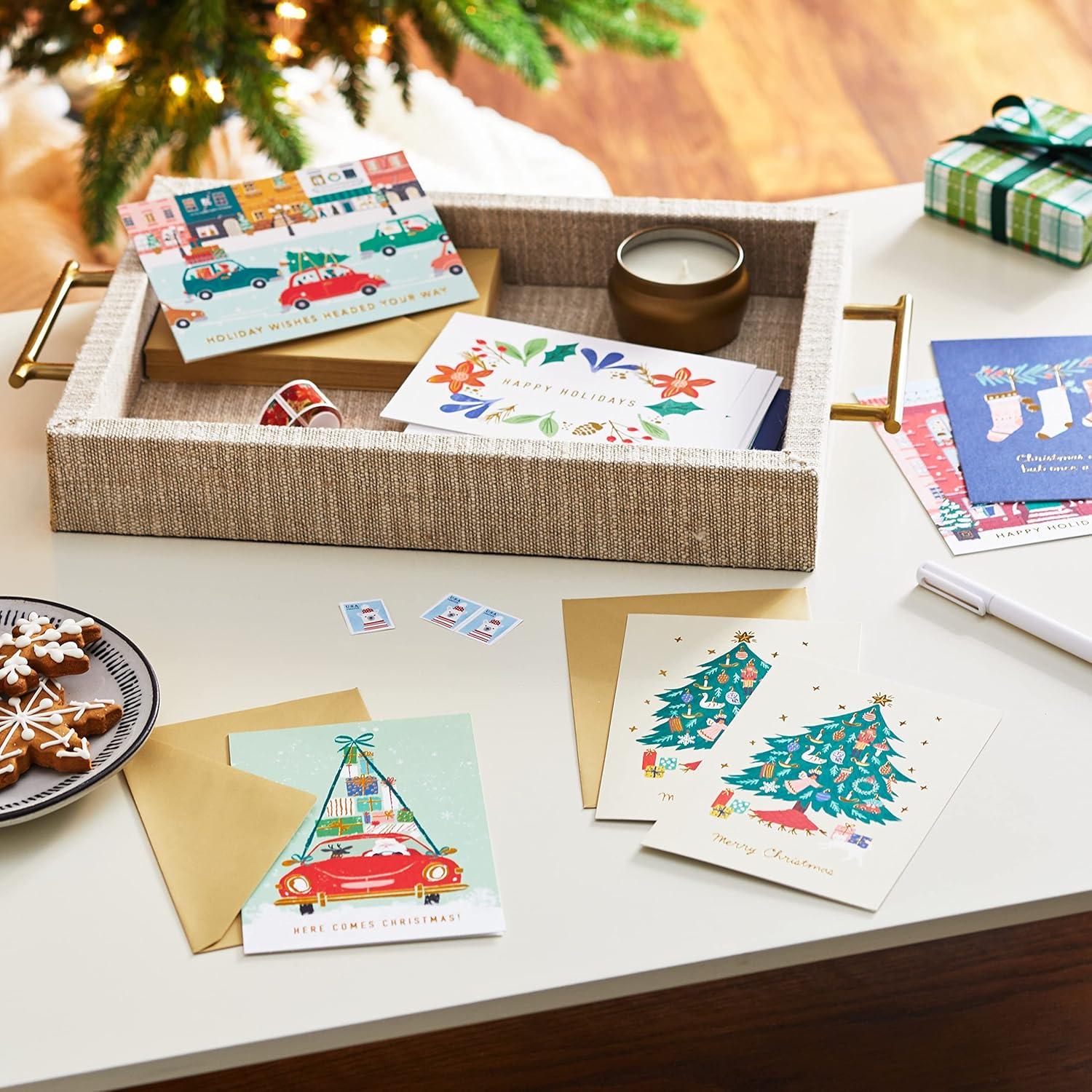 imageHallmark Bulk Retro Christmas Card Assortment 40 Cards and 40 Envelopes Pink and Green Ornaments Mod Lettering Vintage Santa ClausVintage Holidays