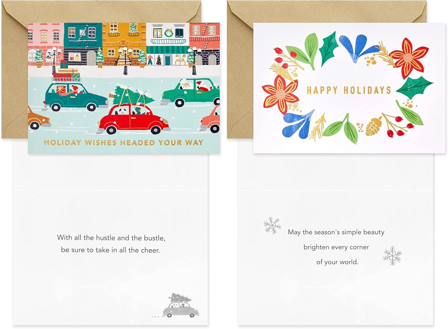 imageHallmark Bulk Retro Christmas Card Assortment 40 Cards and 40 Envelopes Pink and Green Ornaments Mod Lettering Vintage Santa ClausVintage Holidays