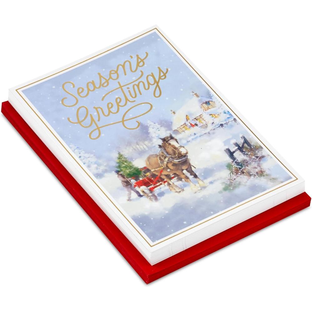 imageHallmark Boxed Christmas Cards Seasons Greetings 16 Cards and 16 Envelopes Horse and Sleigh