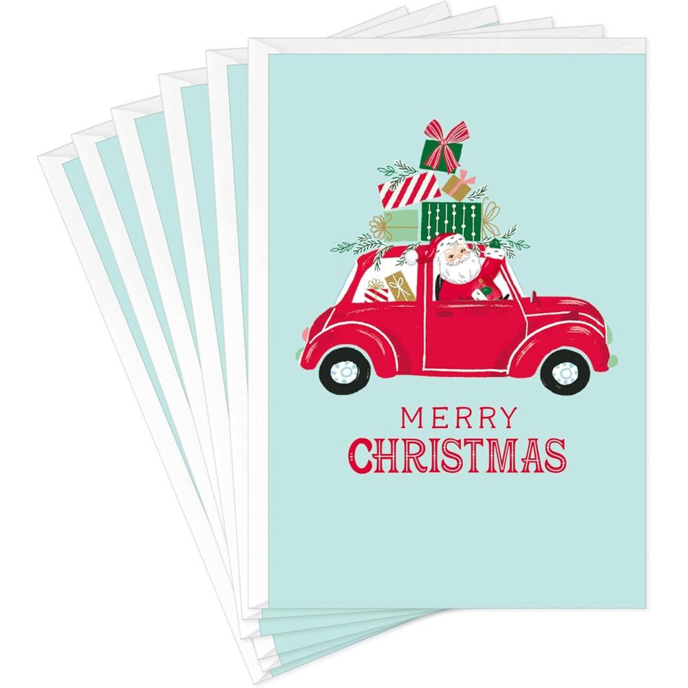 imageHallmark Christmas Cards 6 Cards with Envelopes Santa Driving Red CarWishing you all the seasons best