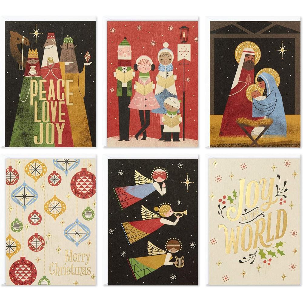 imageHallmark Mahogany Religious Christmas Card Peace Faith Joy Purple and Gold Art Deco Peace DoveJoy to the World