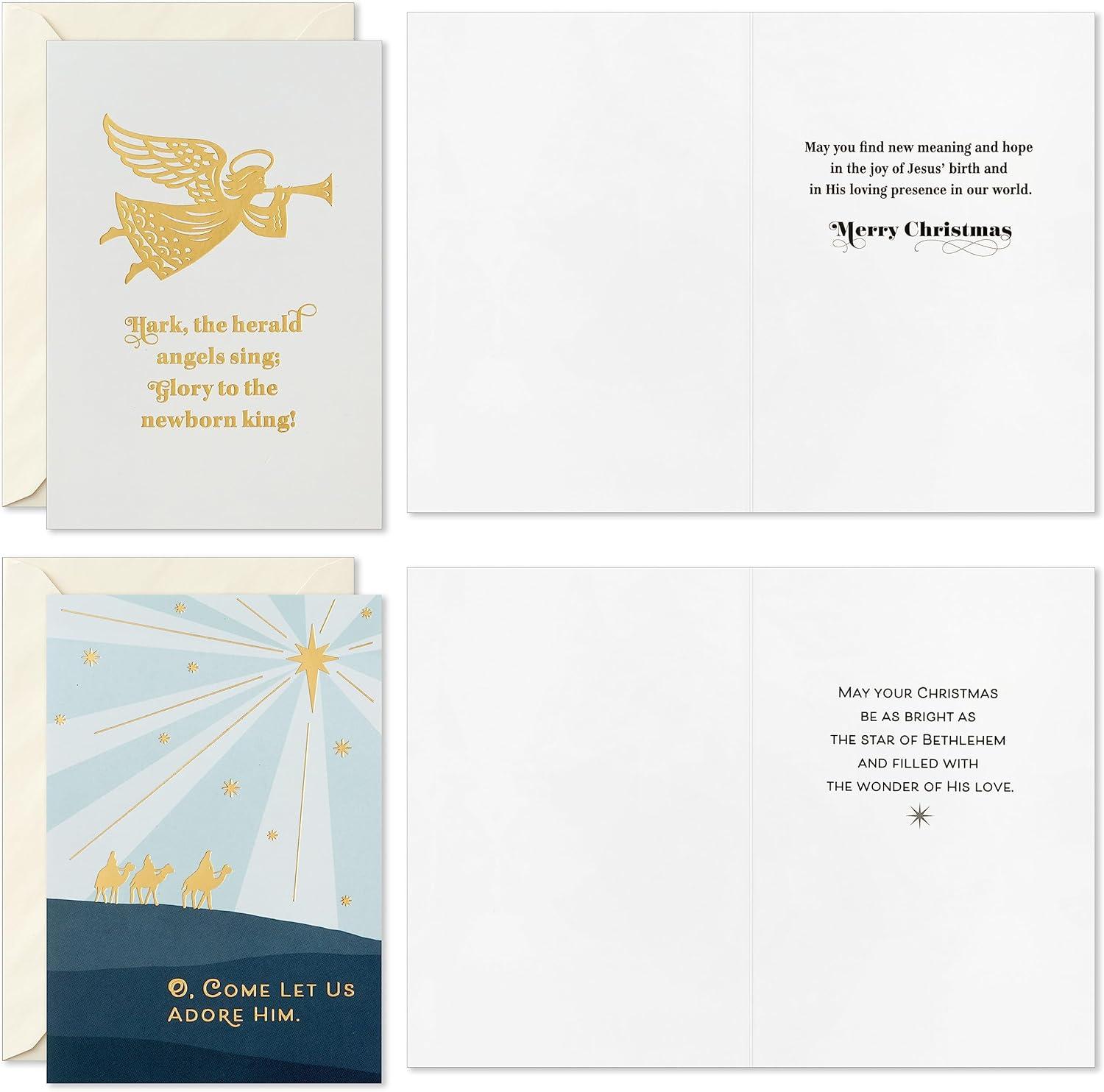 imageDaySpring Thomas Kinkade Religious Christmas Cards 16 Cards and 16 Envelopes Gods Love Nativity Scene Gold Glitter and FoilDusty Blue Gold Foil