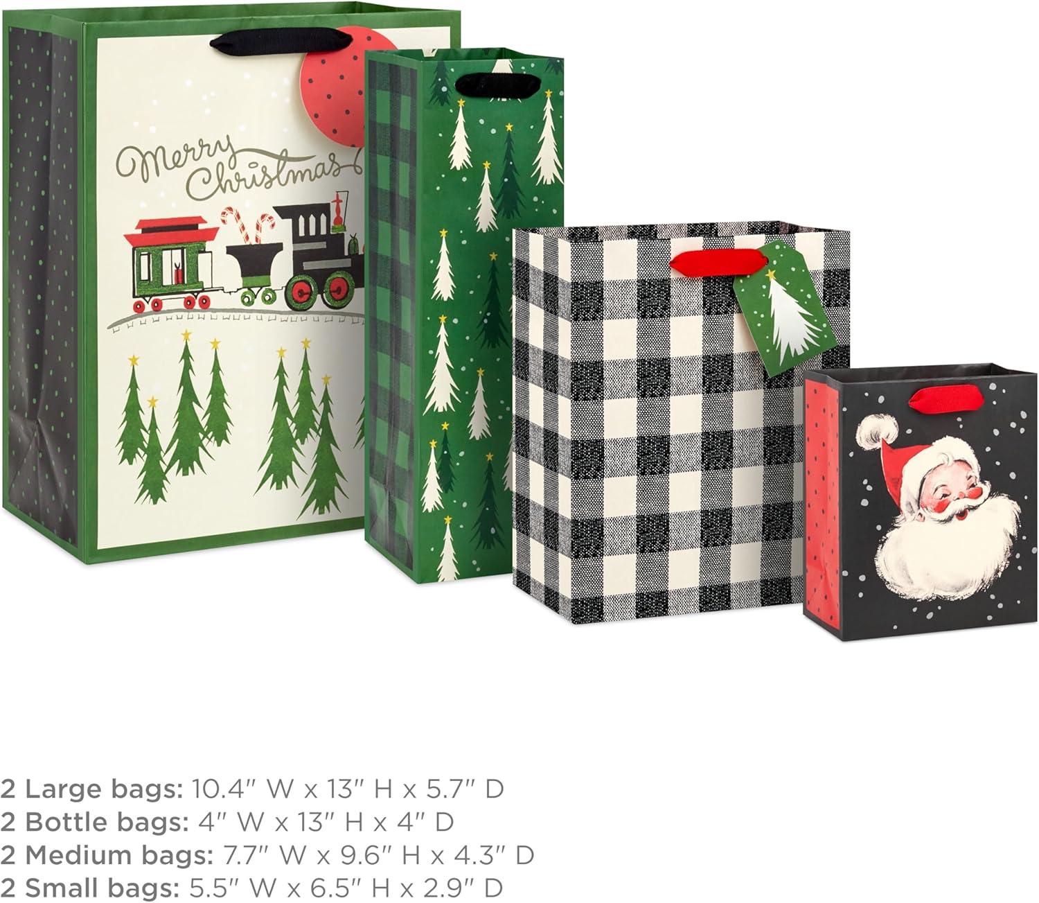 imageHallmark Assorted Vintage Christmas Gift Bags 8 Bags 2 Small 6quot 2 Medium 9quot 2 Large 13quot 2 Bottle 13quot Black and White Buffalo Plaid Santa Toy Train Green TreesTrain Trees Buffalo Plaid Santa