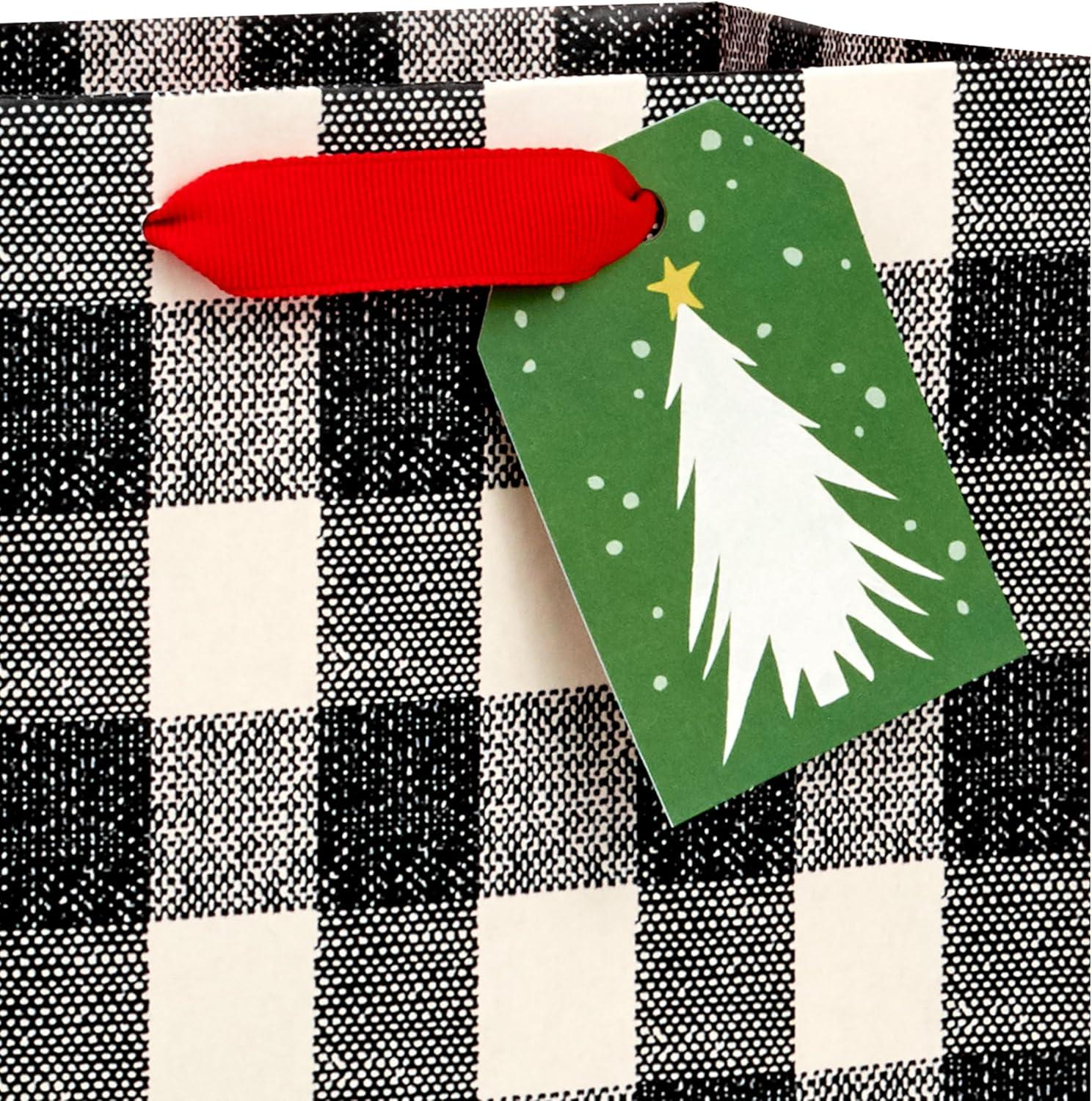 imageHallmark Assorted Vintage Christmas Gift Bags 8 Bags 2 Small 6quot 2 Medium 9quot 2 Large 13quot 2 Bottle 13quot Black and White Buffalo Plaid Santa Toy Train Green TreesTrain Trees Buffalo Plaid Santa