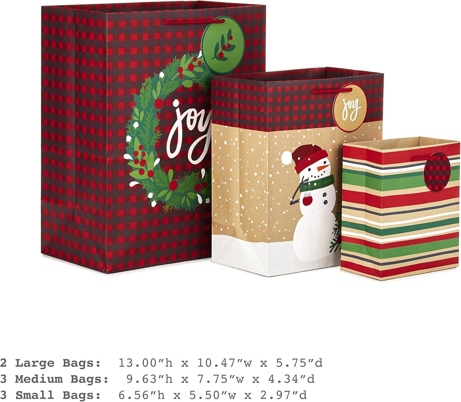 imageHallmark Assorted Vintage Christmas Gift Bags 8 Bags 2 Small 6quot 2 Medium 9quot 2 Large 13quot 2 Bottle 13quot Black and White Buffalo Plaid Santa Toy Train Green TreesSnowmen Stripes Wreath