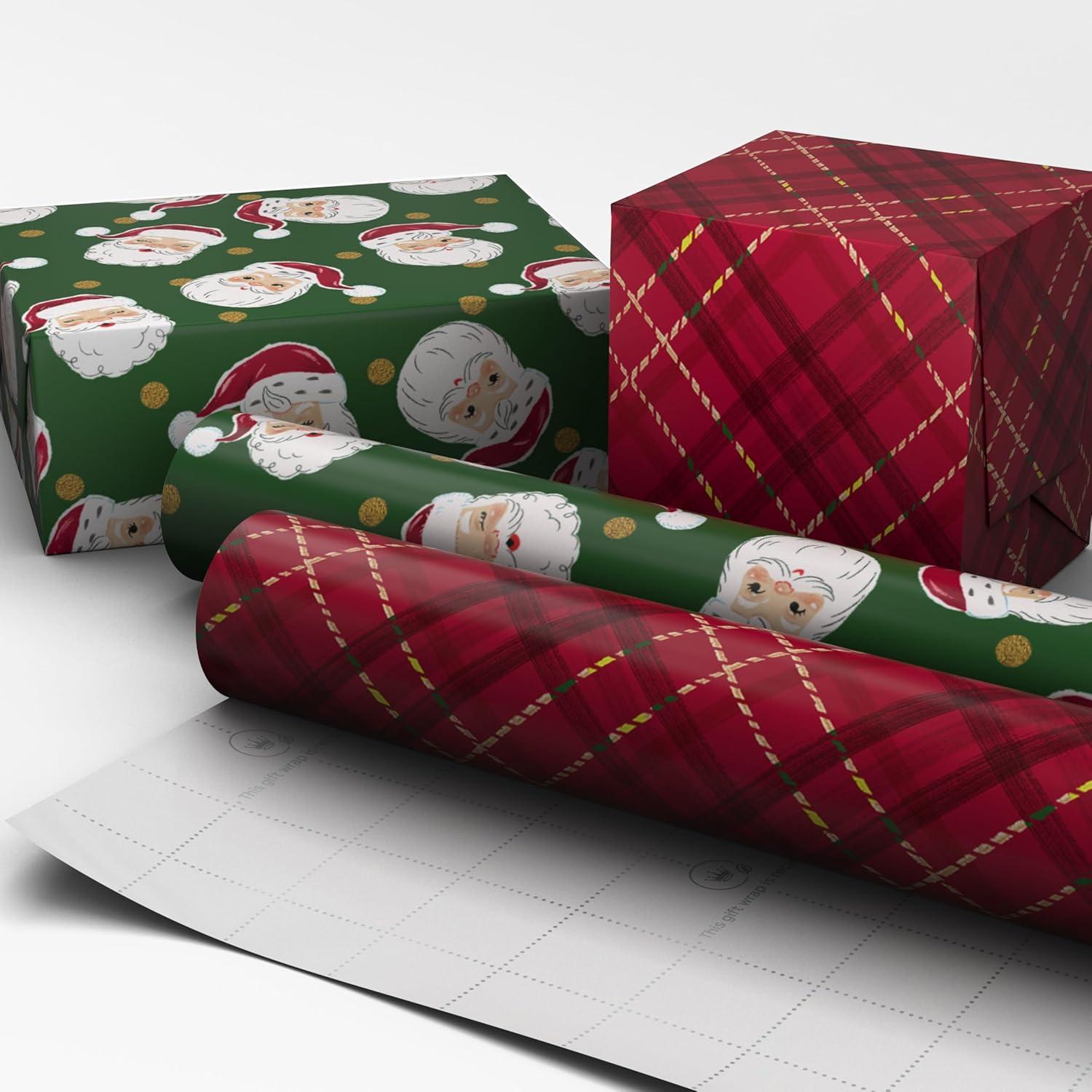 imageHallmark Classic Christmas Wrapping Paper Rolls 2 Rolls 160 Sq Ft Total Santa Claus Faces on Green Barn Red and Cream PlaidSanta Red Plaid