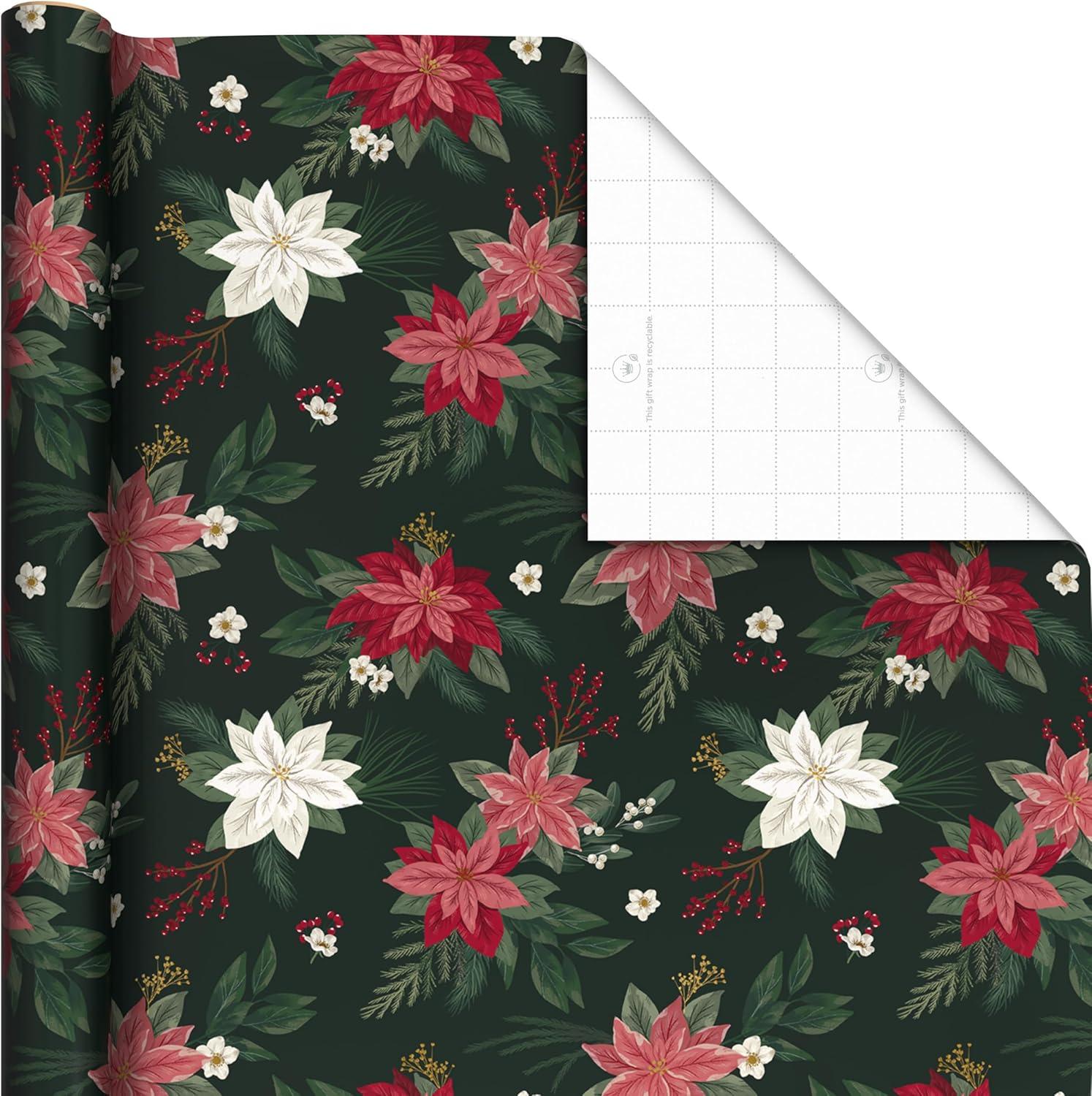 imageHallmark Elegant Christmas Wrapping Paper Rolls 3 Rolls 120 Sq Ft Total Red Joy on White Santa Claus and Happy Holidays on Red Painted Poinsettia on Hunter GreenElegant Christmas