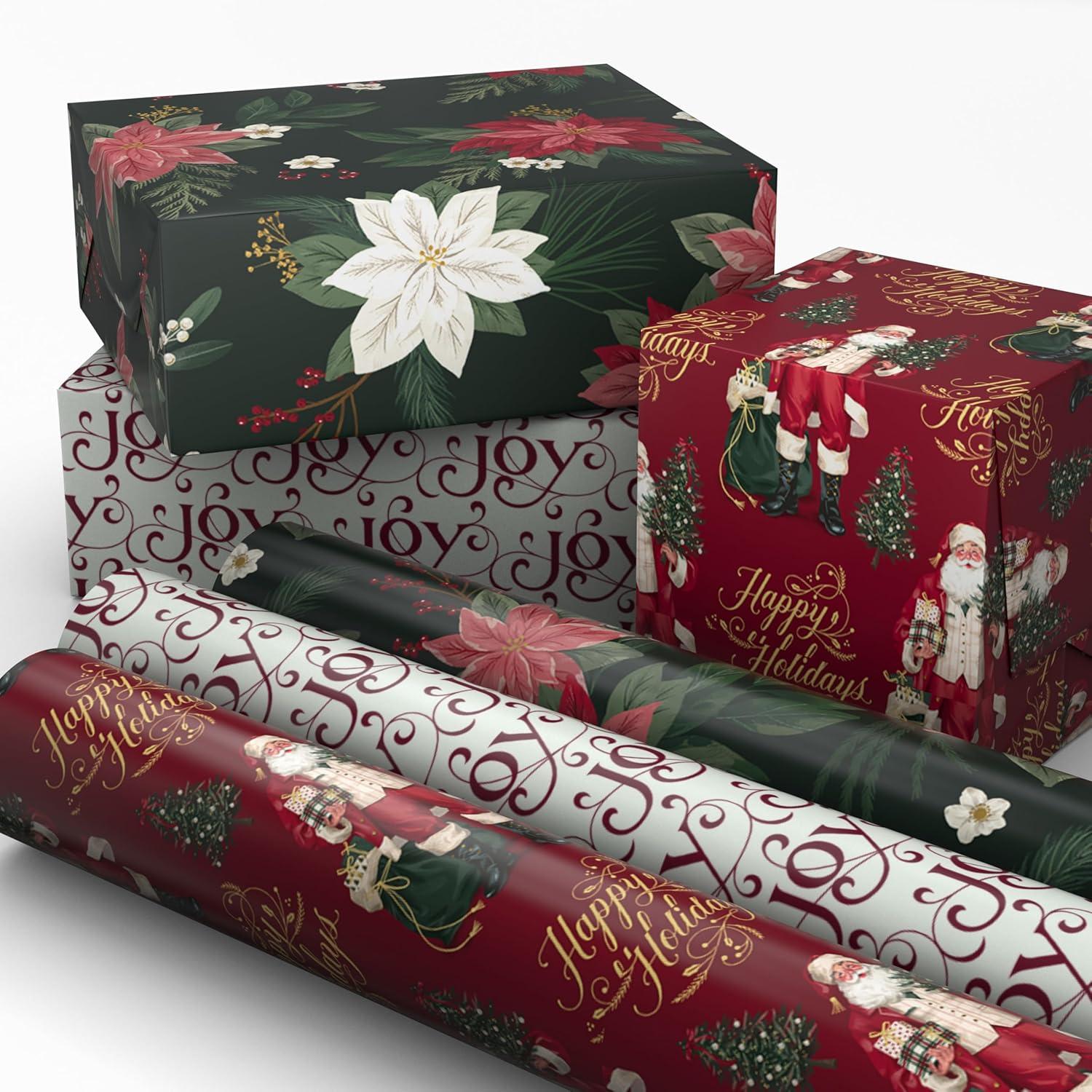 imageHallmark Elegant Christmas Wrapping Paper Rolls 3 Rolls 120 Sq Ft Total Red Joy on White Santa Claus and Happy Holidays on Red Painted Poinsettia on Hunter GreenElegant Christmas