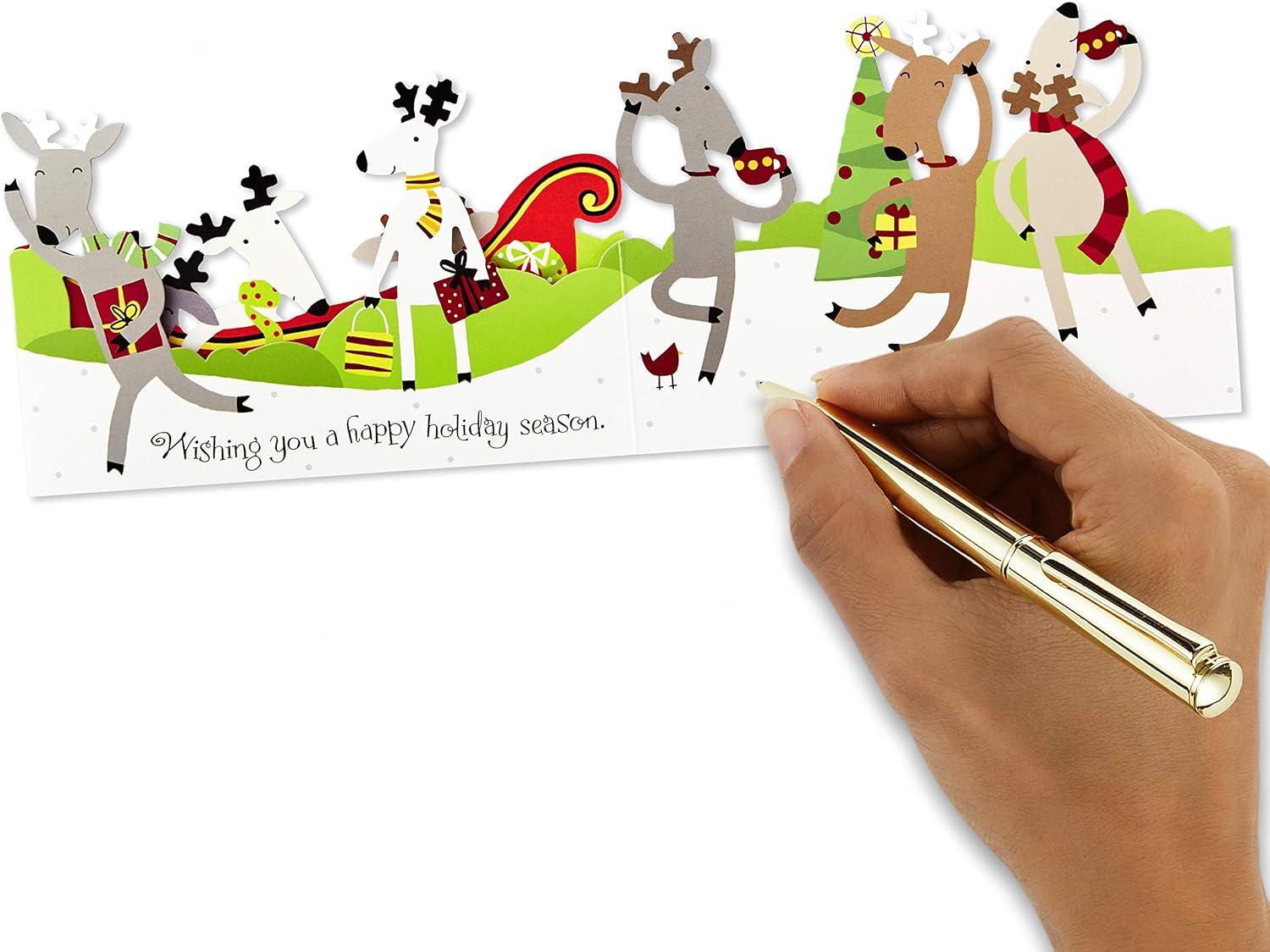 imageHallmark Retro Santa Boxed Christmas Cards 16 Cards and Envelopes Red Black Gold Green WhiteReindeer in Sleigh