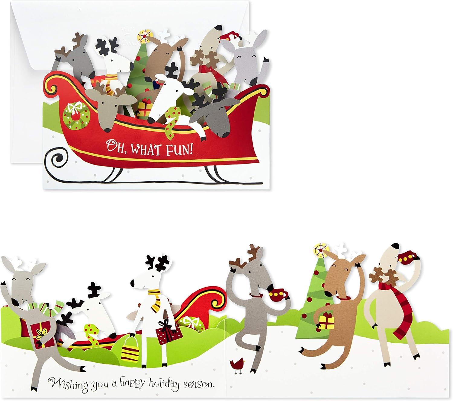 imageHallmark Retro Santa Boxed Christmas Cards 16 Cards and Envelopes Red Black Gold Green WhiteReindeer in Sleigh