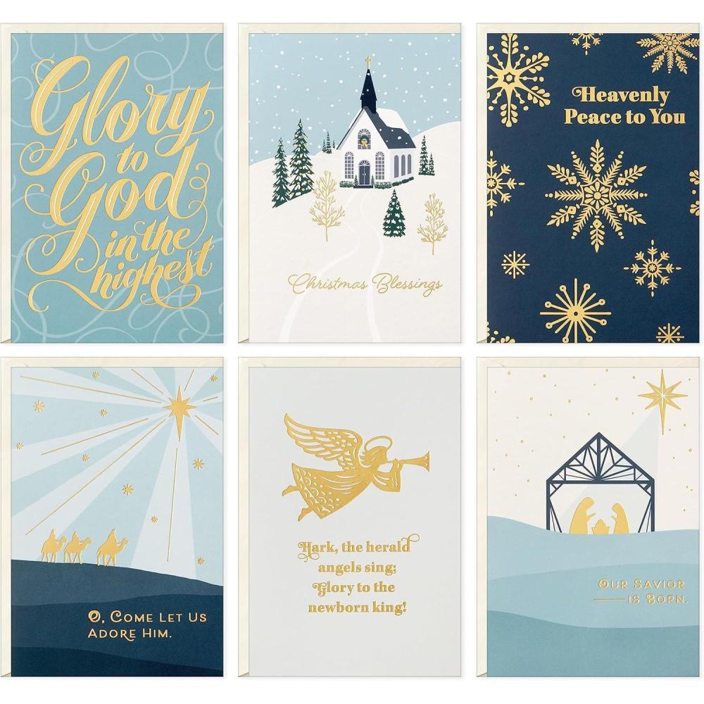 imageDaySpring Thomas Kinkade Religious Christmas Cards 16 Cards and 16 Envelopes Gods Love Nativity Scene Gold Glitter and FoilDusty Blue Gold Foil