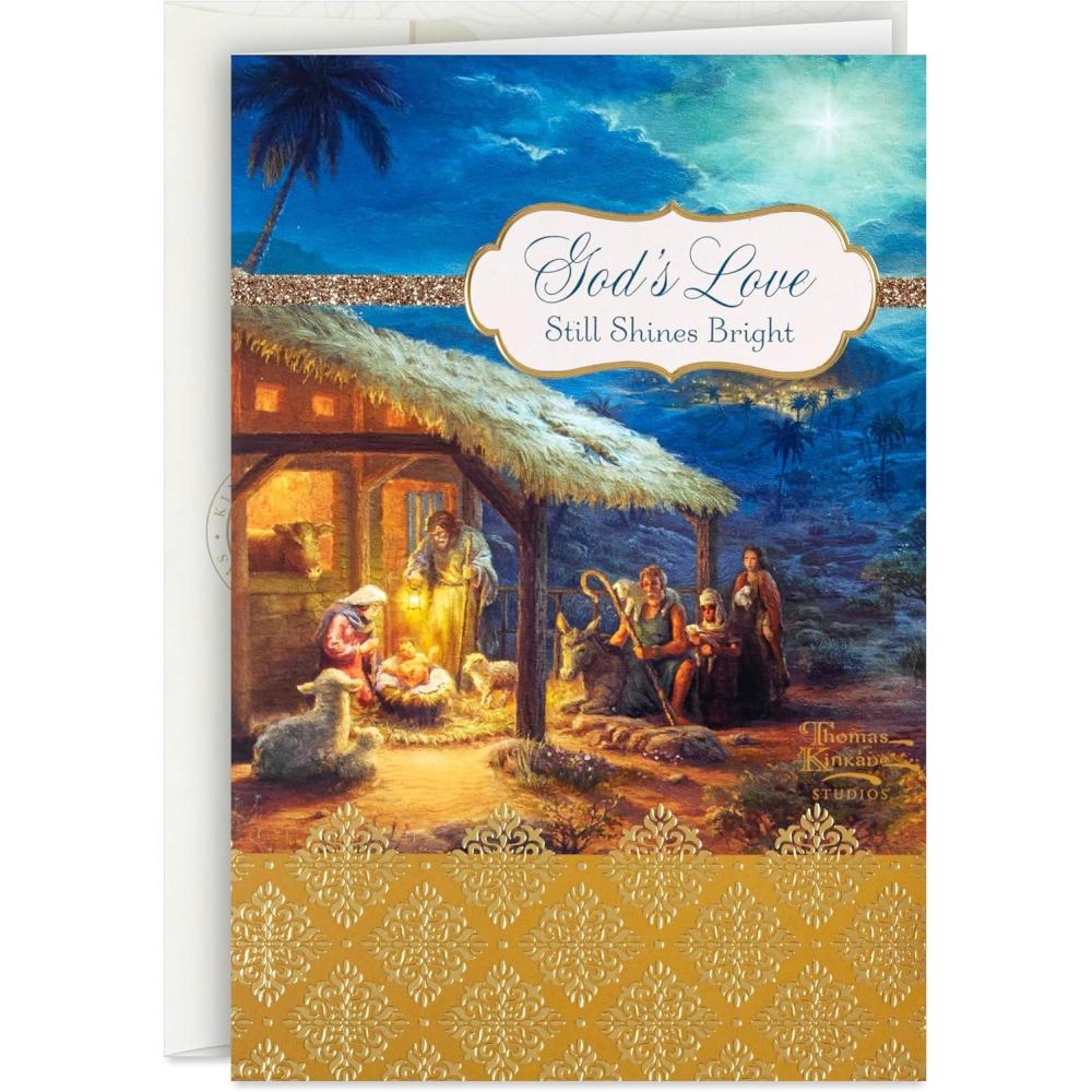 imageDaySpring Thomas Kinkade Religious Christmas Cards 16 Cards and 16 Envelopes Gods Love Nativity Scene Gold Glitter and FoilThomas Kinkade
