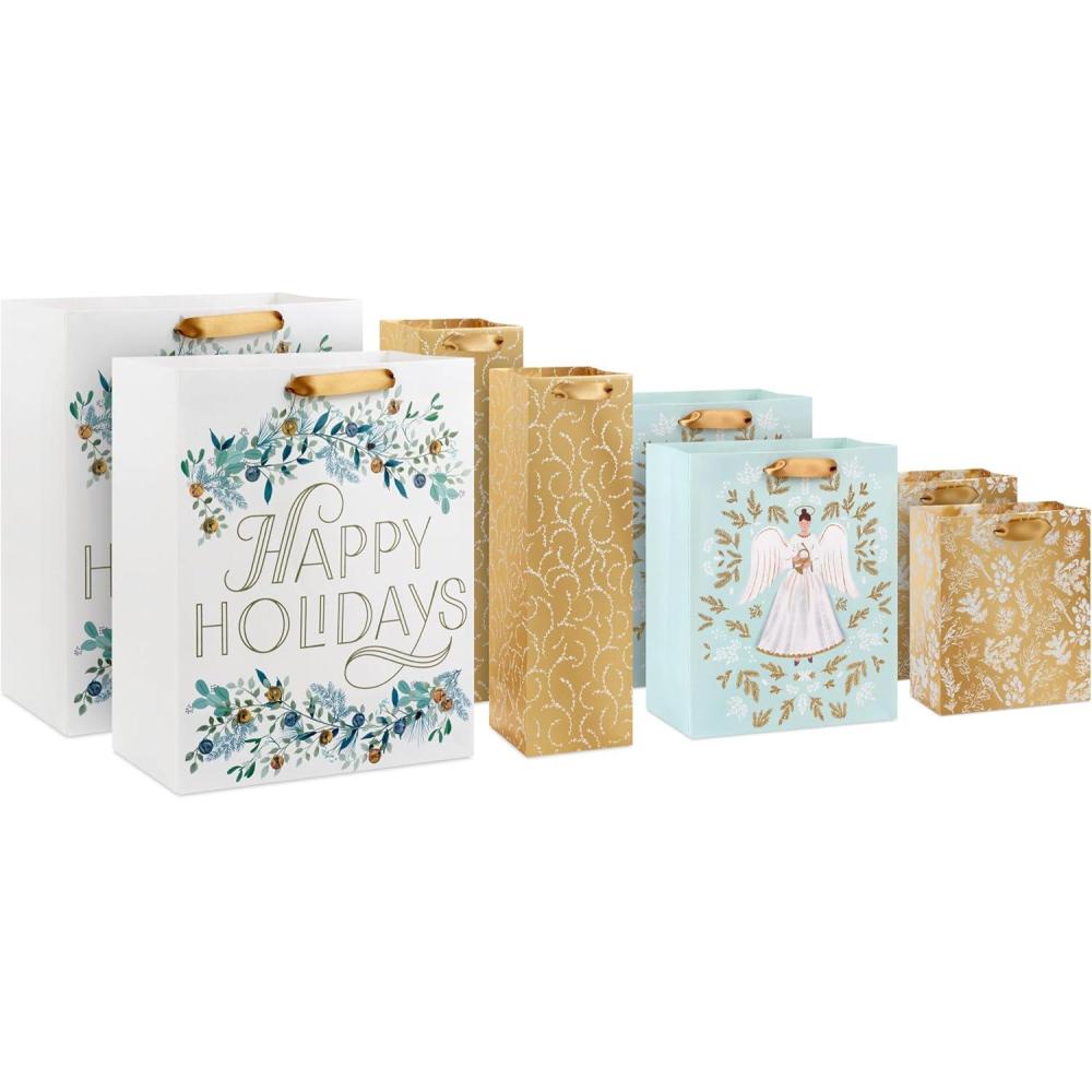 imageHallmark Assorted Glittery Gold Christmas Gift Bags 8 Bags 2 Small 6quot 2 Medium 9quot 2 Large 13quot 2 Bottle 13quot Angels Mint Green Leaves Happy HolidaysAngels Mint Green Leaves Happy Holidays