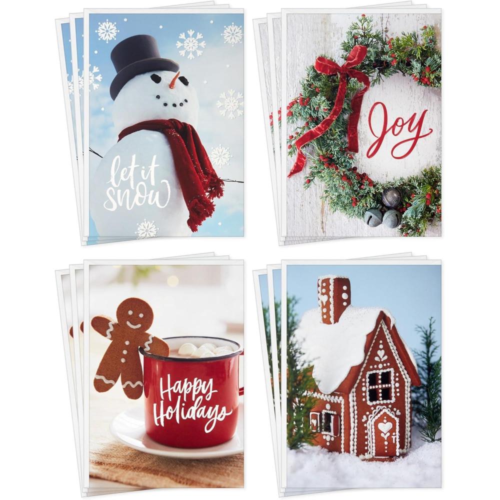 imageHallmark Boxed Holiday Card Assortment 12 Cards and 12 Envelopes Let It Snow Snowman Gingerbread House Hot Cocoa Joy WreathSnowman Wreath Gingerbread