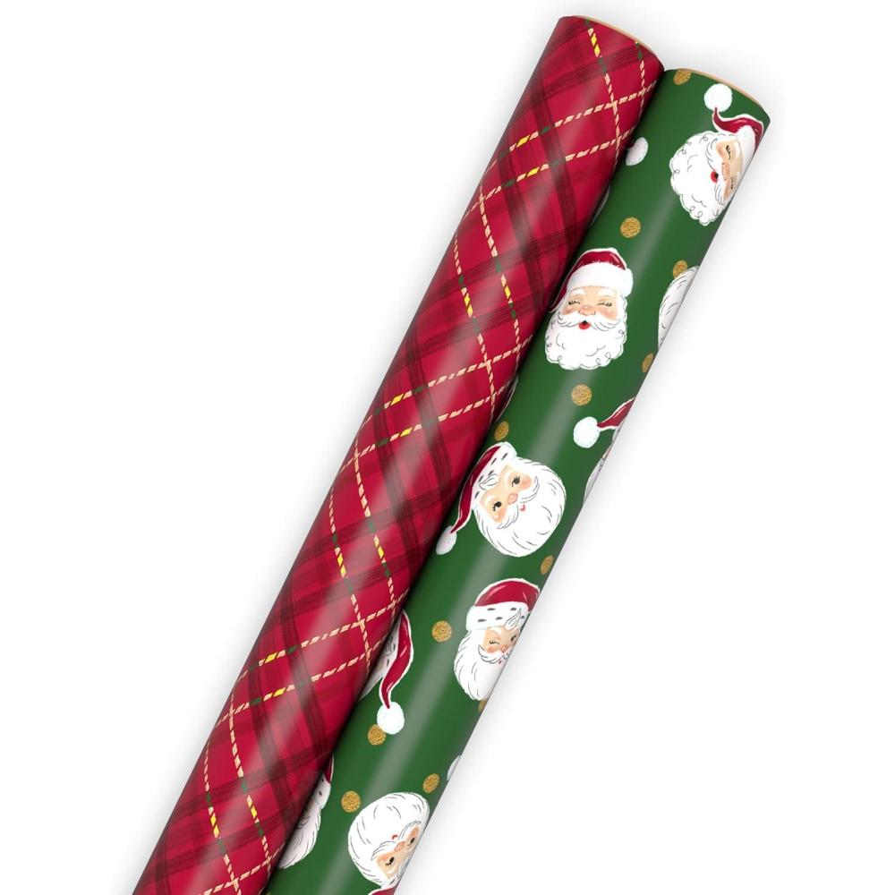 imageHallmark Classic Christmas Wrapping Paper Rolls 2 Rolls 160 Sq Ft Total Santa Claus Faces on Green Barn Red and Cream PlaidSanta Red Plaid