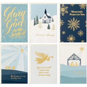 DaySpring Thomas Kinkade Religious Christmas Cards (16 Cards and 16 Envelopes) God’s Love, Nativity Scene, Gold Glitter and Foil(Dusty Blue & Gold Foil)