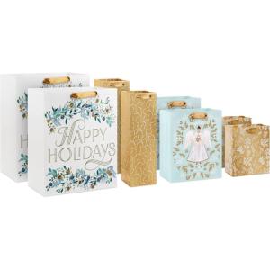 Hallmark Assorted Glittery Gold Christmas Gift Bags (8 Bags: 2 Small 6″, 2 Medium 9″, 2 Large 13″, 2 Bottle 13″) Angels, Mint Green, Leaves, Happy Holidays(Angels  Mint Green  Leaves  “Happy Holidays”)