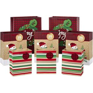 Hallmark Assorted Vintage Christmas Gift Bags (8 Bags: 2 Small 6″, 2 Medium 9″, 2 Large 13″, 2 Bottle 13″) Black and White Buffalo Plaid, Santa, Toy Train, Green Trees(Snowmen  Stripes  Wreath)