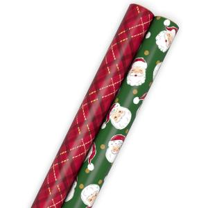 Hallmark Classic Christmas Wrapping Paper Rolls (2 Rolls: 160 Sq. Ft. Total) Santa Claus Faces on Green, Barn Red and Cream Plaid(Santa  Red Plaid)
