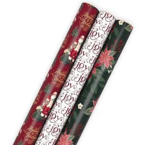 Hallmark Elegant Christmas Wrapping Paper Rolls (3 Rolls: 120 Sq. Ft. Total) Red Joy on White, Santa Claus and Happy Holidays on Red, Painted Poinsettia on Hunter Green(Elegant Christmas)
