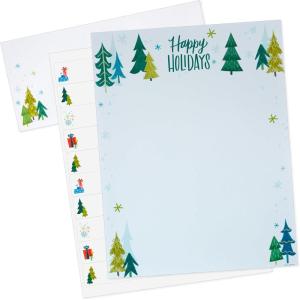 Hallmark Holiday Newsletter Kit with Letterhead Paper, Envelopes and Return Address Labels for 30 Letters (“Happy Holidays,” Blue and Green Winter Trees)