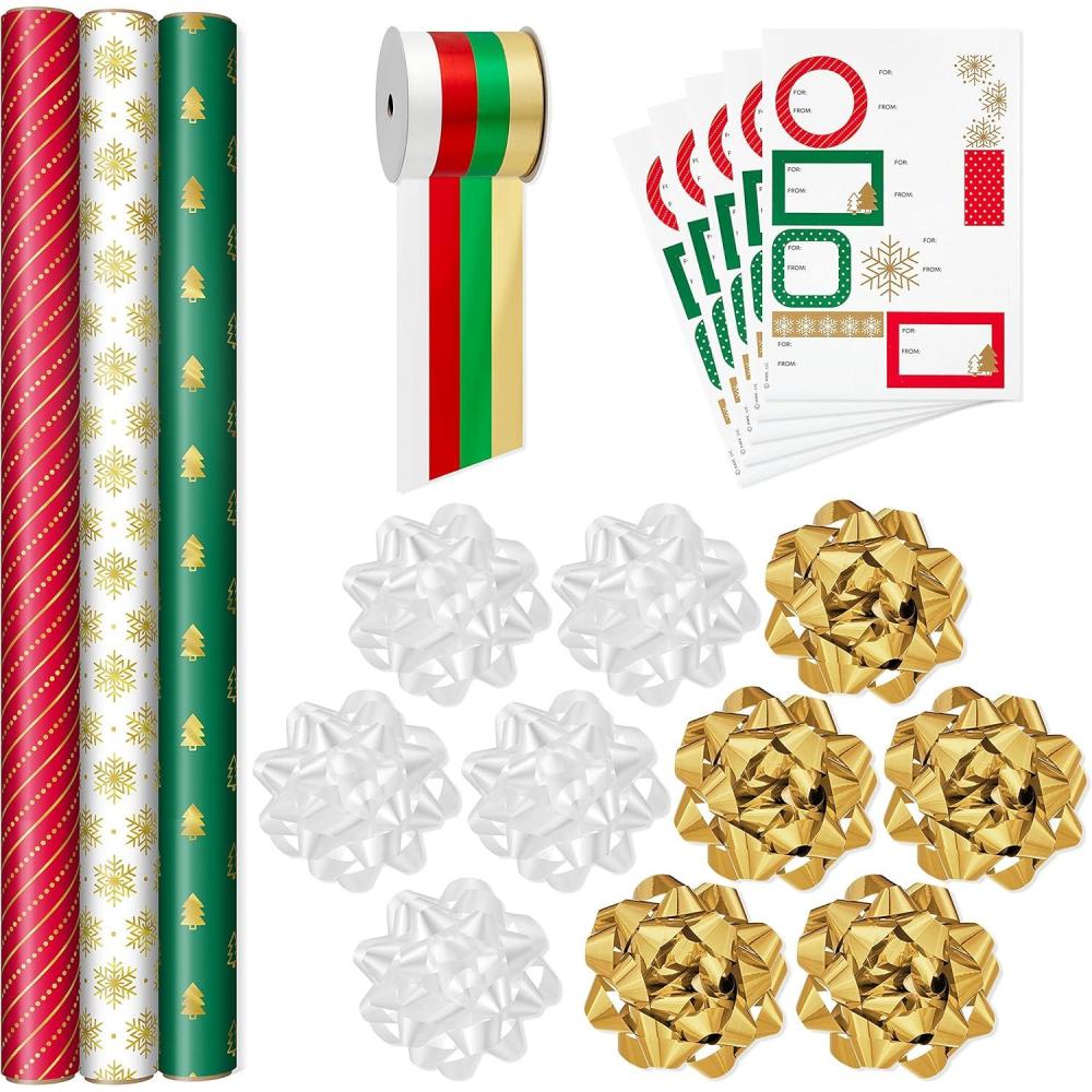 imageHallmark Rustic Red and Green Christmas Wrapping Paper Set 90 sq ft ttl 10 Bows 4 Ribbon Colors 40 Gift Tag Stickers Snowflakes Trees PlaidRed Green and Gold