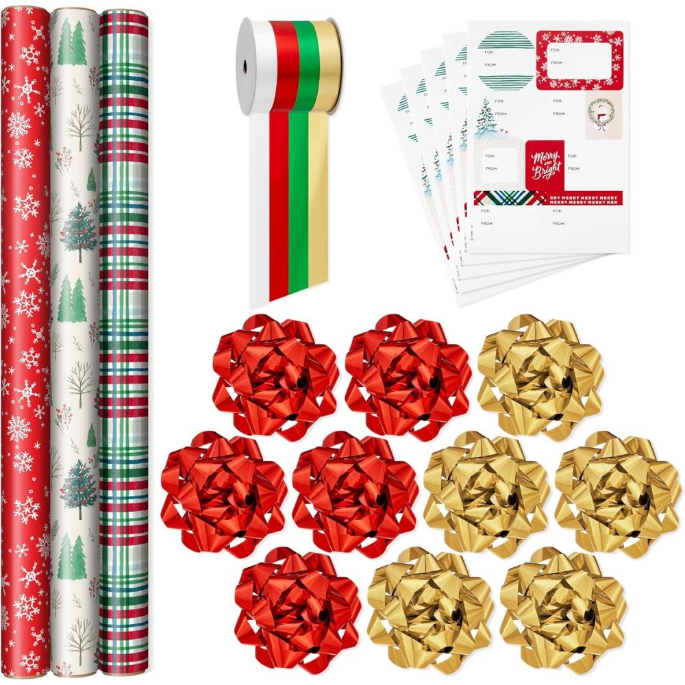 imageHallmark Rustic Red and Green Christmas Wrapping Paper Set 90 sq ft ttl 10 Bows 4 Ribbon Colors 40 Gift Tag Stickers Snowflakes Trees PlaidRed Snowflakes Trees Plaid