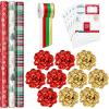 Hallmark Rustic Red and Green Christmas Wrapping Paper Set (90 sq. ft. ttl, 10 Bows, 4 Ribbon Colors, 40 Gift Tag Stickers) Snowflakes, Trees, Plaid(Red Snowflakes  Trees  Plaid)