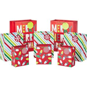 Hallmark Christmas Gift Bags Assorted Sizes (8 Bags: 3 Small 6″, 3 Medium 9″, 2 Large 13″) Red, Green, Blue Stripes, Lights, Merry Merry Christmas!(Merry Merry Christmas Bundle)
