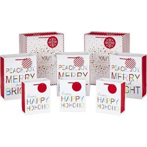 Hallmark Christmas Gift Bags Assorted Sizes (8 Bags: 3 Small 6″, 3 Medium 9″, 2 Large 13″) Red, Green, Blue Stripes, Lights, Merry Merry Christmas!(Peace Joy Merry Bundle)
