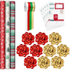 Hallmark Rustic Red and Green Christmas Wrapping Paper Set (90 sq. ft. ttl, 10 Bows, 4 Ribbon Colors, 40 Gift Tag Stickers) Snowflakes, Trees, Plaid(Red Snowflakes  Trees  Plaid)