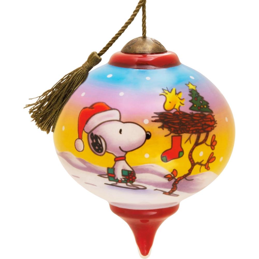 imageHallmark Peanuts NeQwa Art Snoopy and Woodstock Christmas Ornament HandPainted Glass