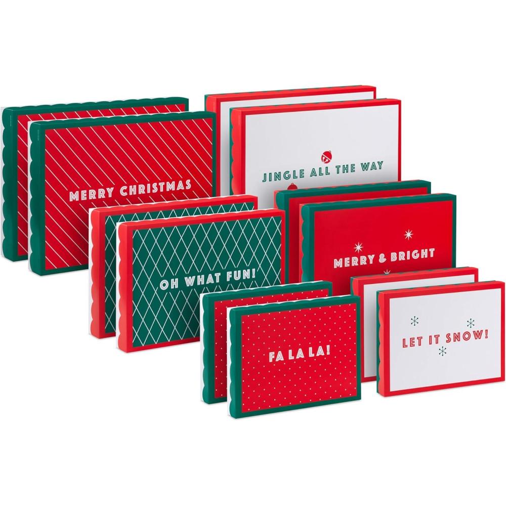 imageHallmark Red and Green Christmas Gift Box Assortment 12 Boxes with Scalloped Lids 4 Small 4 Medium 4 Large for Ties Socks Shirts SweatersRed and Green Christmas