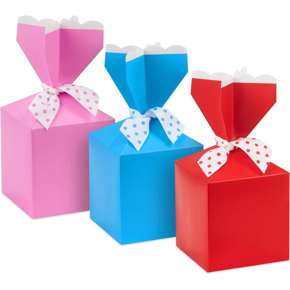 imageHallmark Vertical Treat Boxes with Ribbon 3 Boxes Pink Red Blue for Birthdays Baby Showers Mothers DayPink  Blue  Red