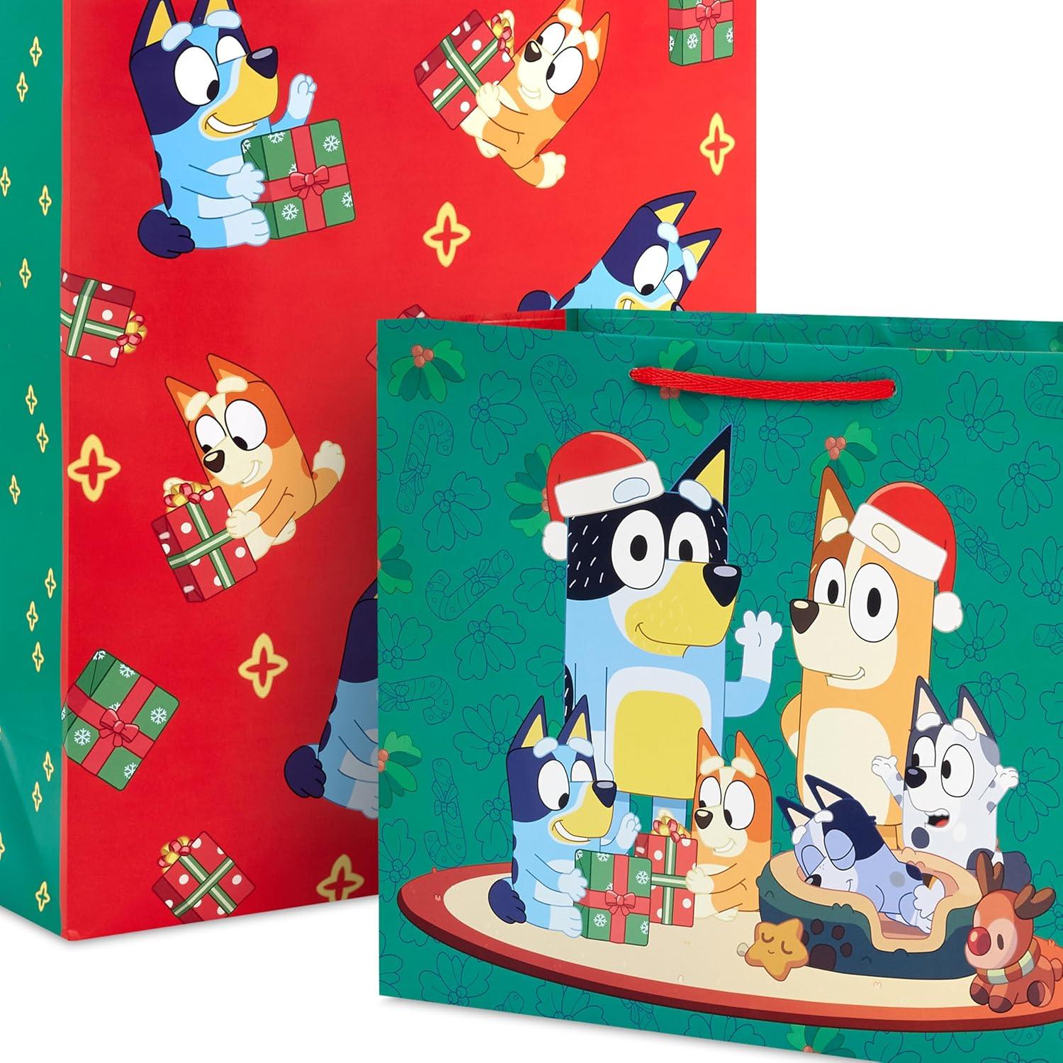 image:imageHallmark Bluey Christmas Red and Green Gift Bag Bundle 2 Bags 10 Large Horizontal and 15 Extra Large for Kids Grandchildren Boys GirlsBluey