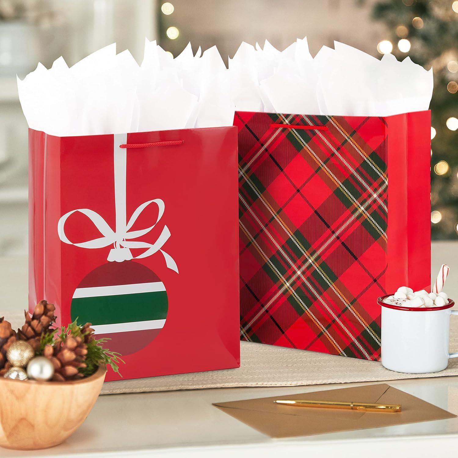 image:imageHallmark Image Arts 11 Large Christmas Gift Bags 6 Bags Tartan Plaid Snowy Tree Red and Green Ornament for Coworkers Teachers Family