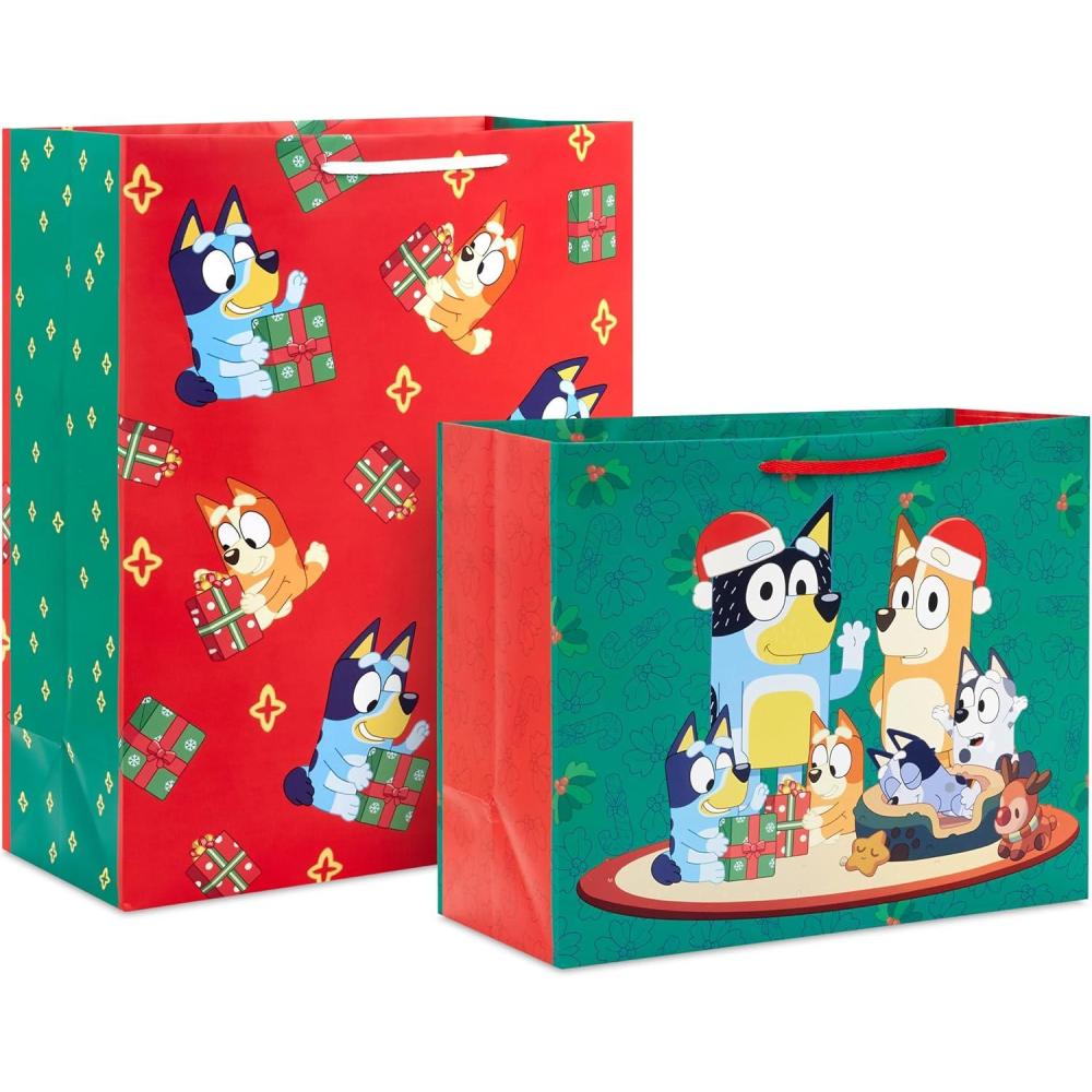 image:imageHallmark Bluey Christmas Red and Green Gift Bag Bundle 2 Bags 10 Large Horizontal and 15 Extra Large for Kids Grandchildren Boys GirlsBluey