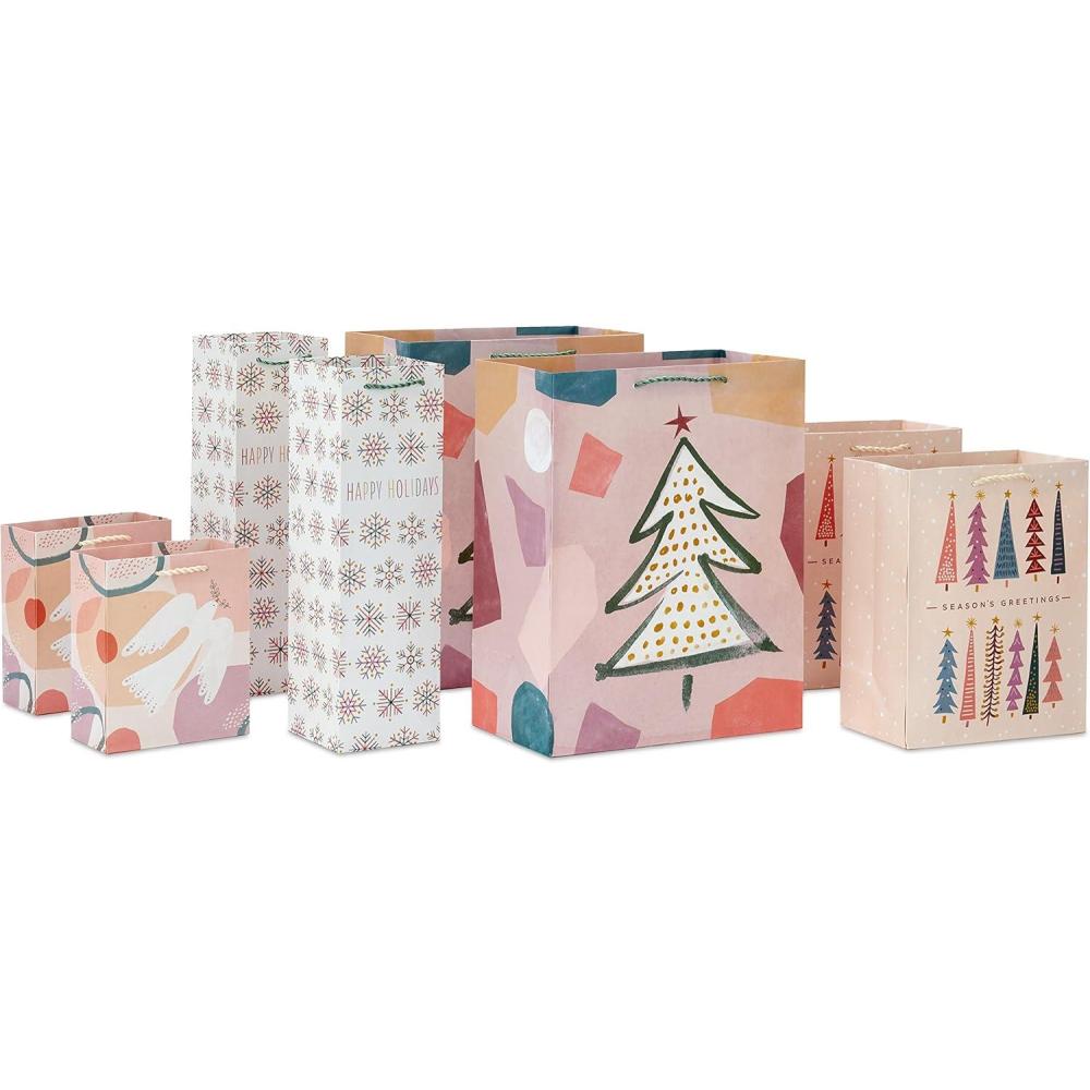 image:imageHallmark Boho Christmas Gift Bag Assortment 8 Bags 2 Small 6 2 Medium 9 2 Large 13 2 Bottle Bags in Pastel Pink Purple Hunter Green White Dove Snowflakes TreesPastel Pink  Purple  Hunter Green