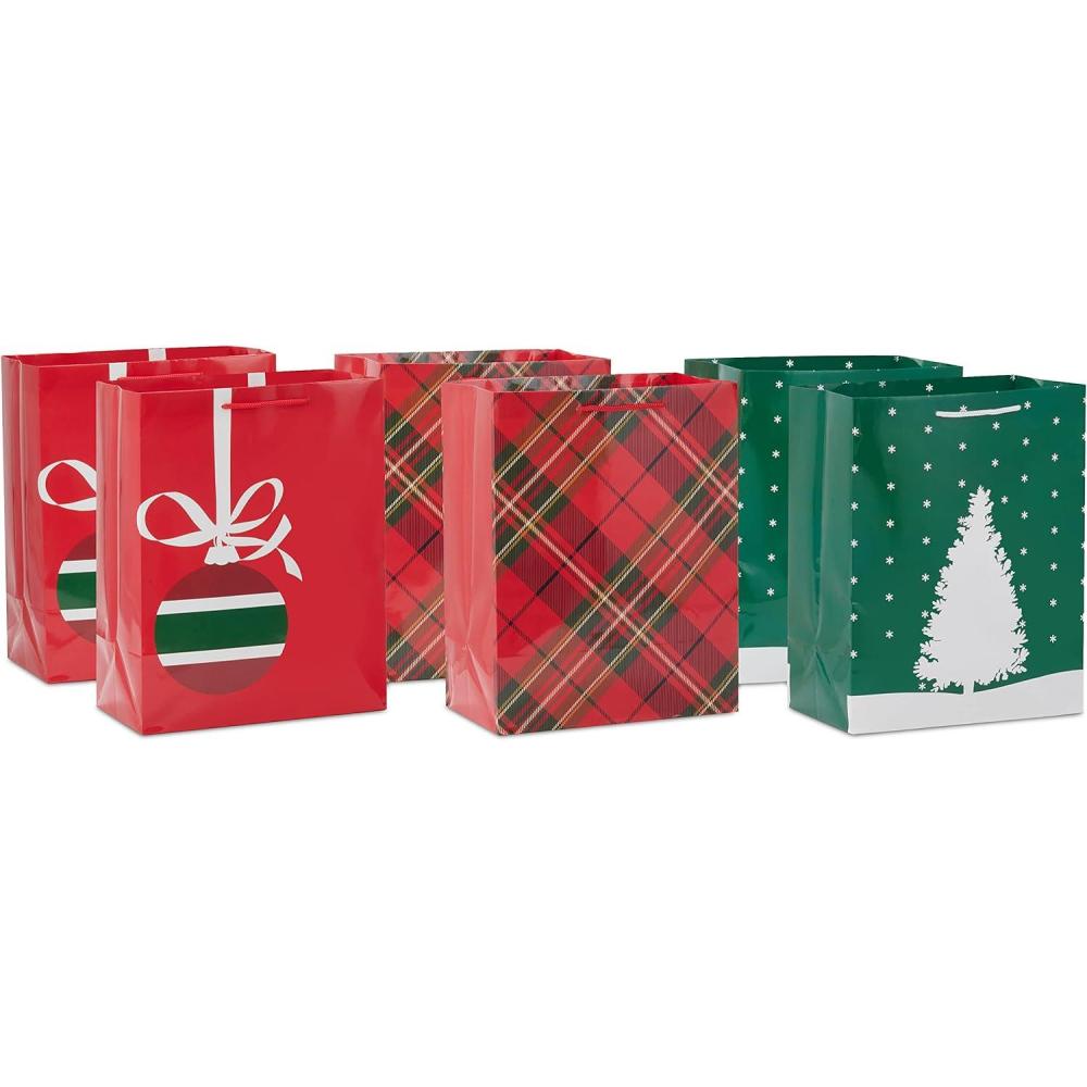 image:imageHallmark Image Arts 11 Large Christmas Gift Bags 6 Bags Tartan Plaid Snowy Tree Red and Green Ornament for Coworkers Teachers Family