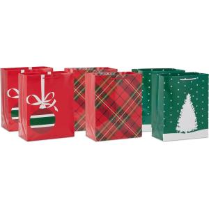 Hallmark Image Arts 11″ Large Christmas Gift Bags (6 Bags: Tartan Plaid, Snowy Tree, Red and Green Ornament) for Coworkers, Teachers, Family