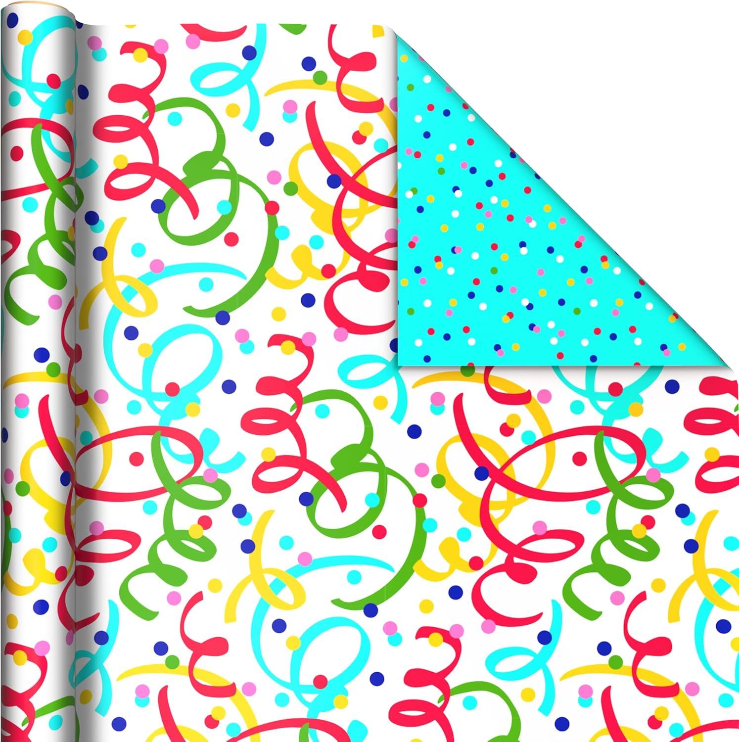 image:imageHallmark Bulk Reversible Birthday Wrapping Paper Rolls 2 Rolls 160 Sq Ft Total Rainbow Letters Colorful Confetti Polka Dots on Teal Solid OrangeRainbow Letters Colorful Confetti