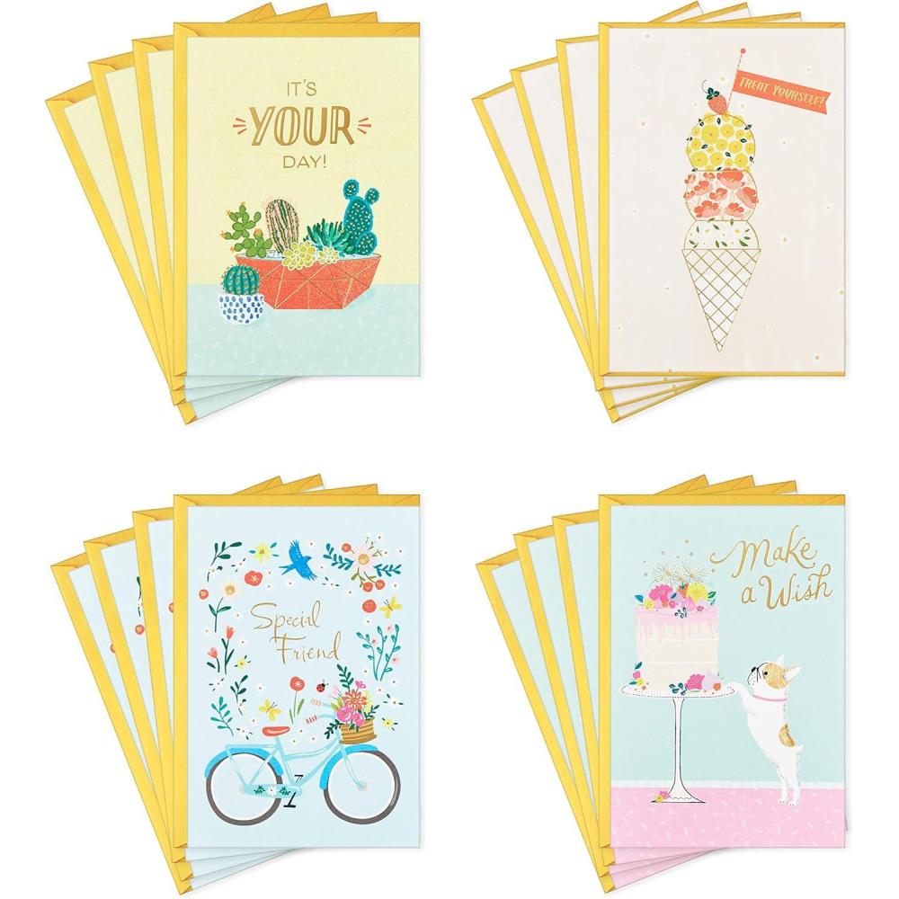 image:imageHallmark Birthday Cards Assortment 16 Cards with Envelopes Cake Candles BalloonsBicycle  Cactus  French Bulldog  Ice Cream
