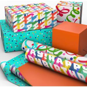 Hallmark Bulk Reversible Birthday Wrapping Paper Rolls (2 Rolls: 160 Sq. Ft. Total) Rainbow Letters, Colorful Confetti, Polka Dots on Teal, Solid Orange(Rainbow Letters  Colorful Confetti)