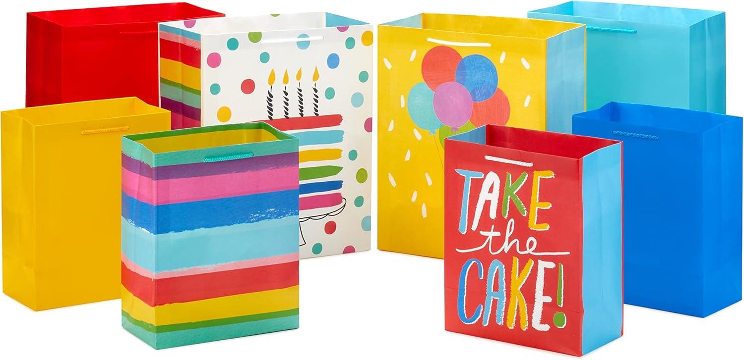 image:imageHallmark Assorted Birthday Gift Bags 8 Bags 4 Medium 9 4 Large 13 Birthday Cake Stripes Balloons Solids in Red Yellow BlueBirthday Cake